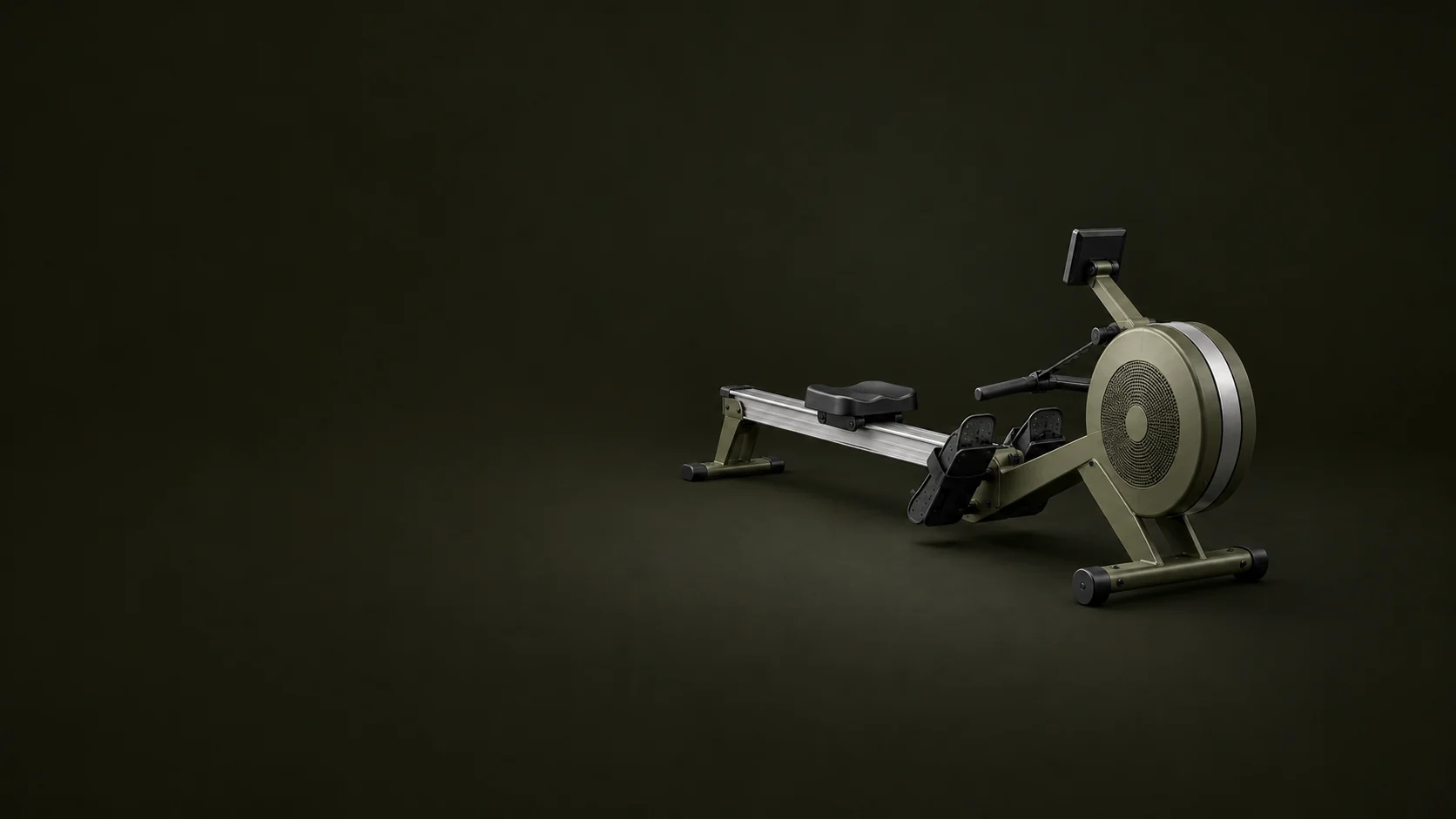 A complete olive rowing machine shows its flywheel, rail, sliding seat, footplates and blank monitor. - Fitness Equipment Machines Meta ads research by Madgicx Labs