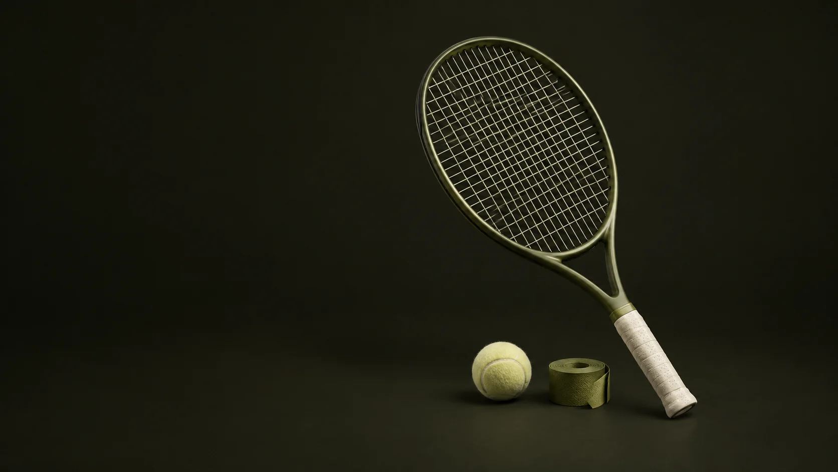An olive tennis racket with cream grip stands beside a pale ball and an overgrip roll. - Individual Sports Gear Meta ads research by Madgicx Labs