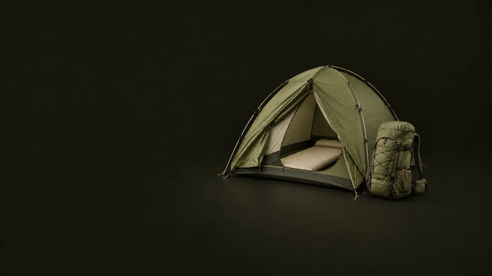 An olive dome tent reveals a cream sleeping pad beside a compact hiking backpack. - Sports & Outdoor Equipment Meta ads research index