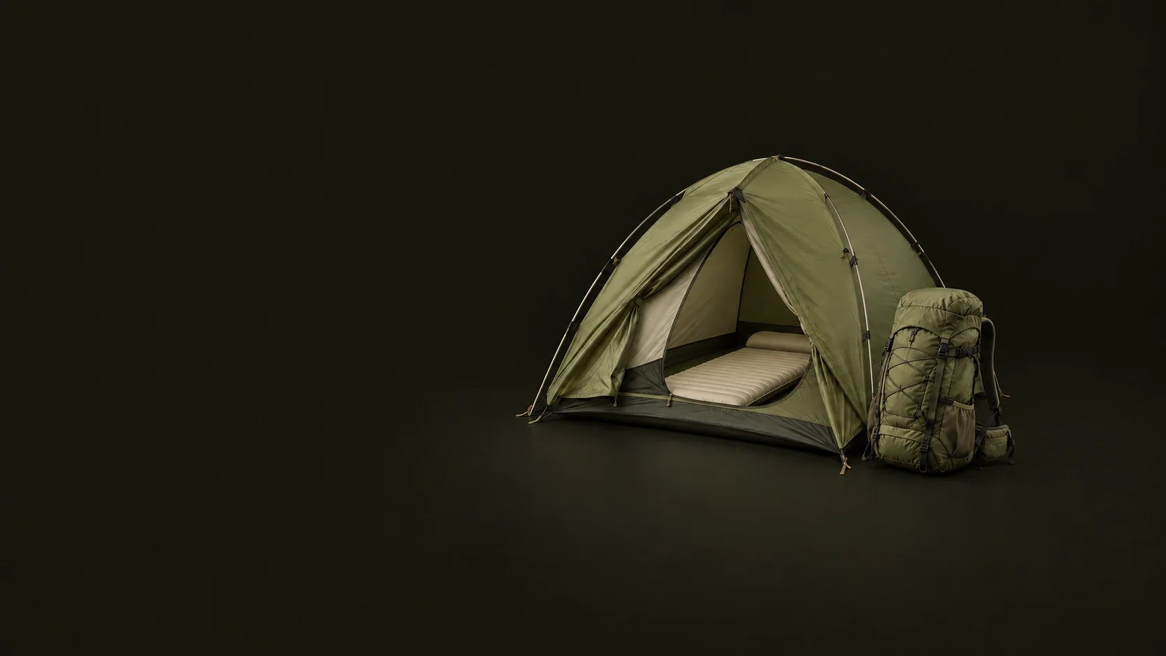 An olive dome tent reveals a cream sleeping pad beside a compact hiking backpack. - Outdoor Recreation Gear Meta ads research by Madgicx Labs