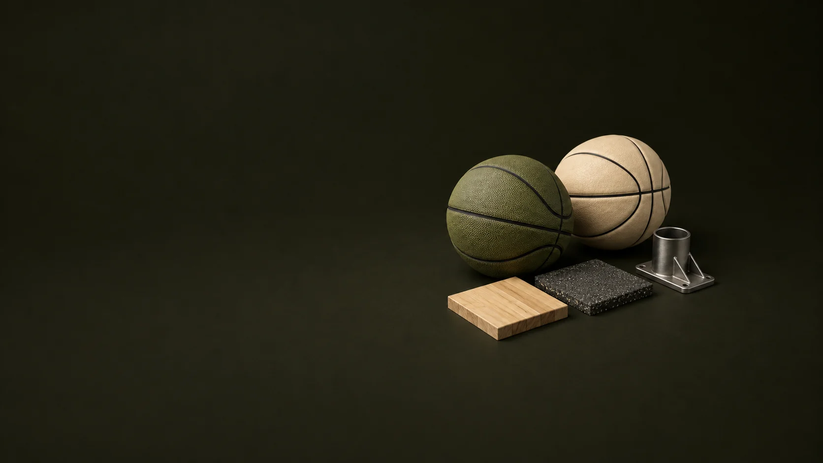 Olive and cream basketballs sit beside hardwood and outdoor court samples and a metal hoop connector. - Team Sports Equipment Meta ads research by Madgicx Labs