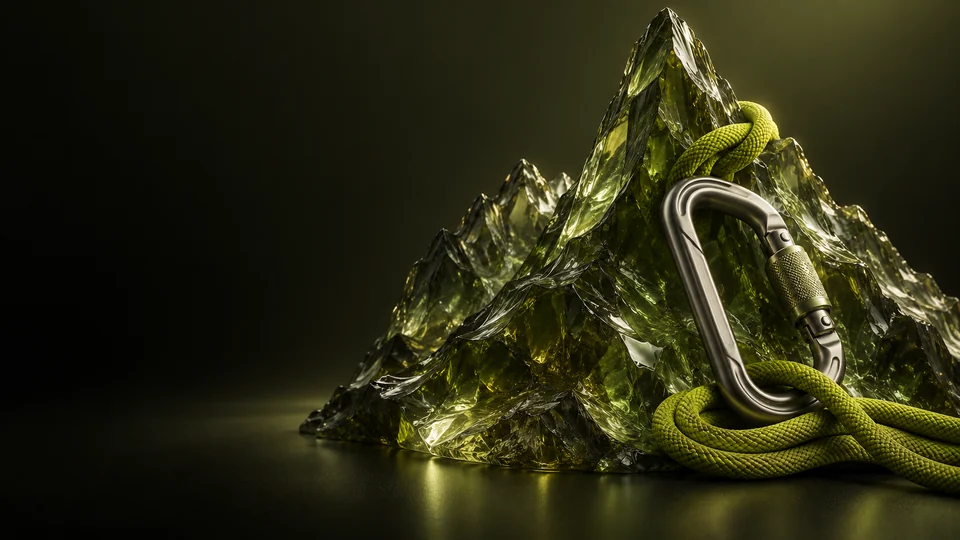 Olive glass mountain forms beside a metal carabiner and green rope. - Sports & Outdoor Equipment Meta ads research by Madgicx Labs
