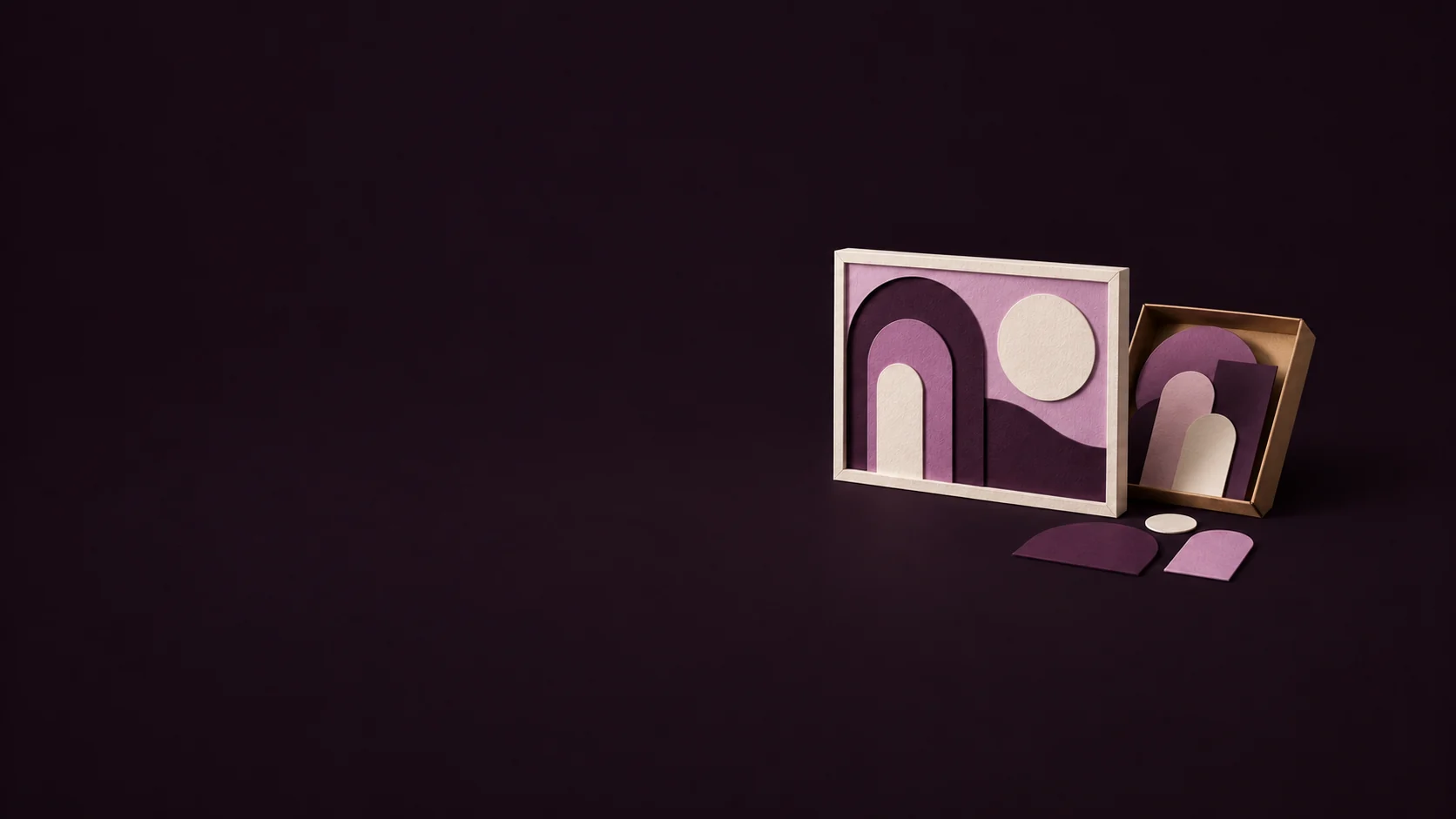 A framed abstract composition of paper arches and circles beside a tray of separate cut-paper pieces. - Stock Graphics & Templates Meta ads research by Madgicx Labs
