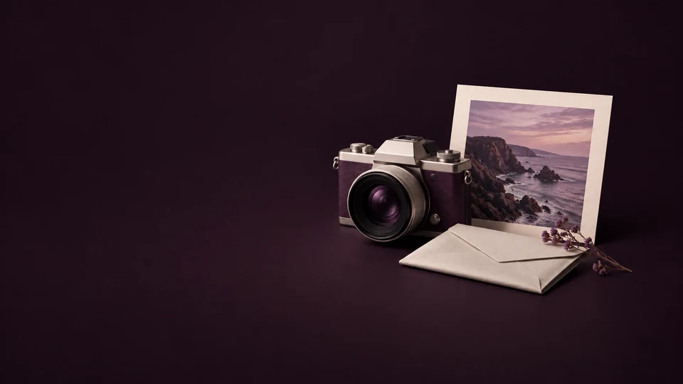 An unbranded still camera beside a mounted coastal photograph and a plain closed paper envelope. - Stock Media & Content Platforms Meta ads research index