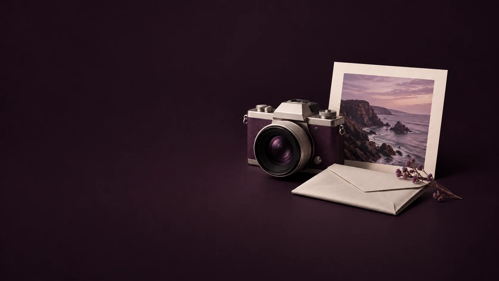 An unbranded still camera beside a mounted coastal photograph and a plain closed paper envelope. - Stock Photography Platforms Meta ads research by Madgicx Labs