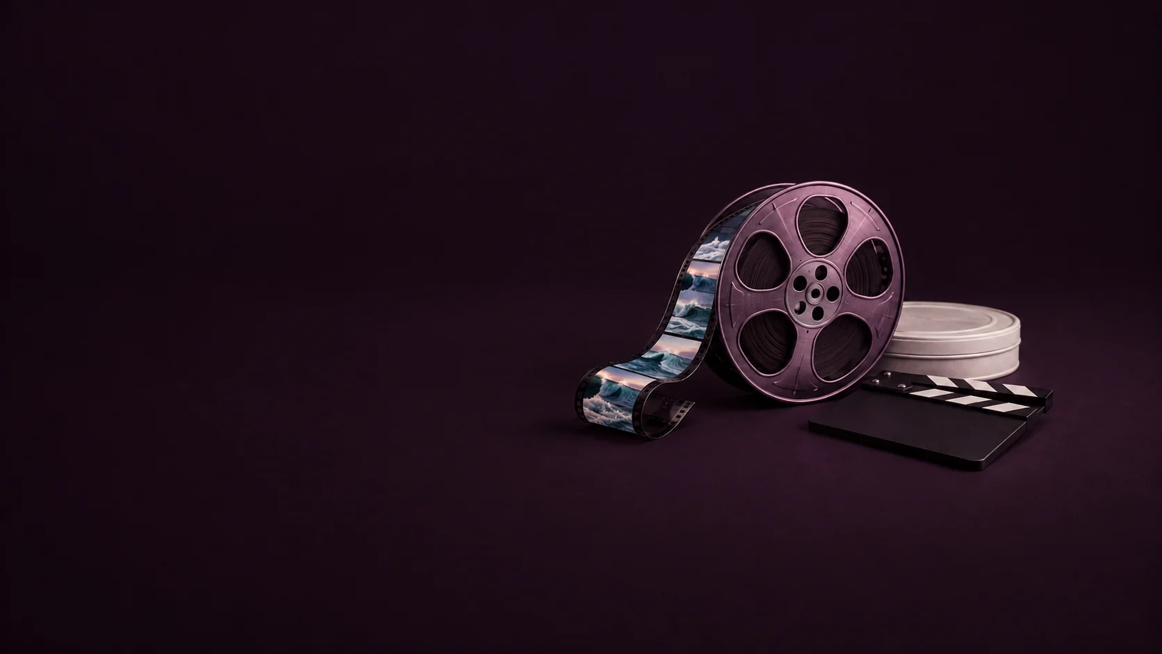 A plum film reel with an ocean-wave filmstrip beside an ivory canister and blank clapperboard. - Stock Video Platforms Meta ads research by Madgicx Labs