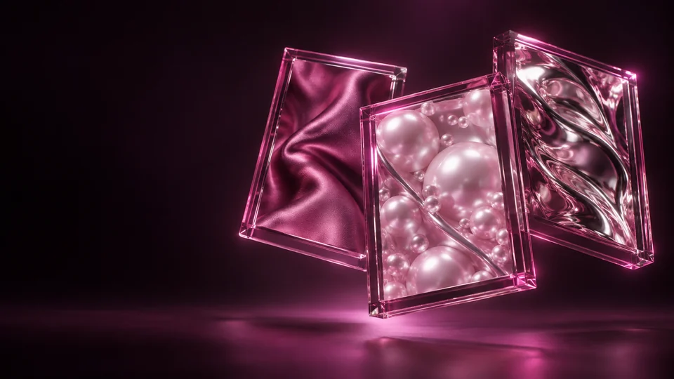 Three pink glass frames containing fabric, pearl and metallic textures. - Stock Media & Content Platforms Meta ads research by Madgicx Labs