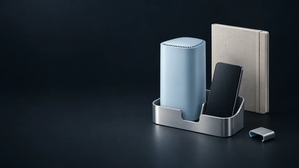 A home gateway and inactive phone in a removable metal cradle beside a household folio. - Telecommunications Services Meta ads research index