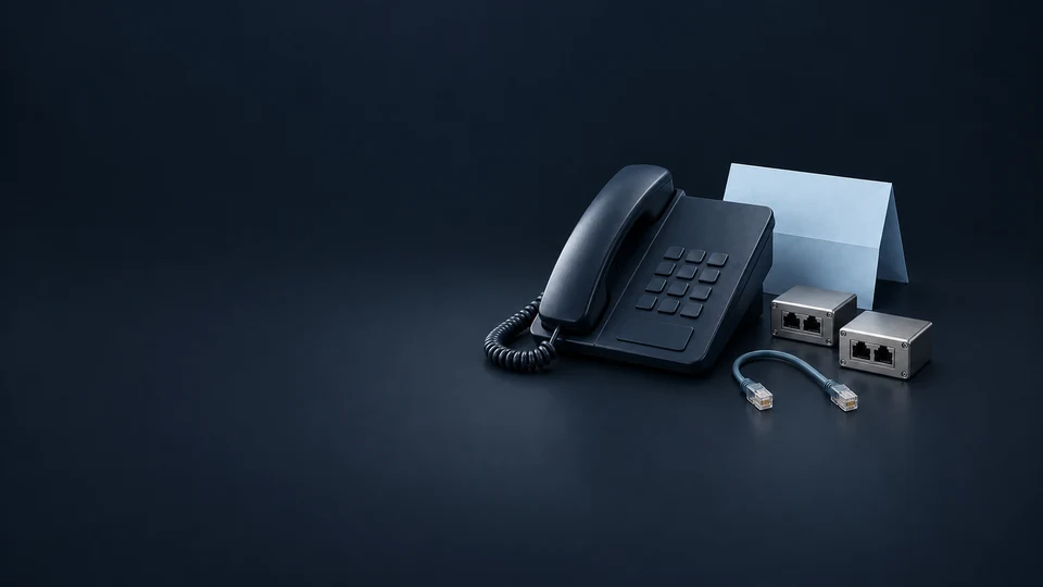 An office telephone beside two patch docks, loose cable and blank authorization sheet. - Telecommunications Services Meta ads research index