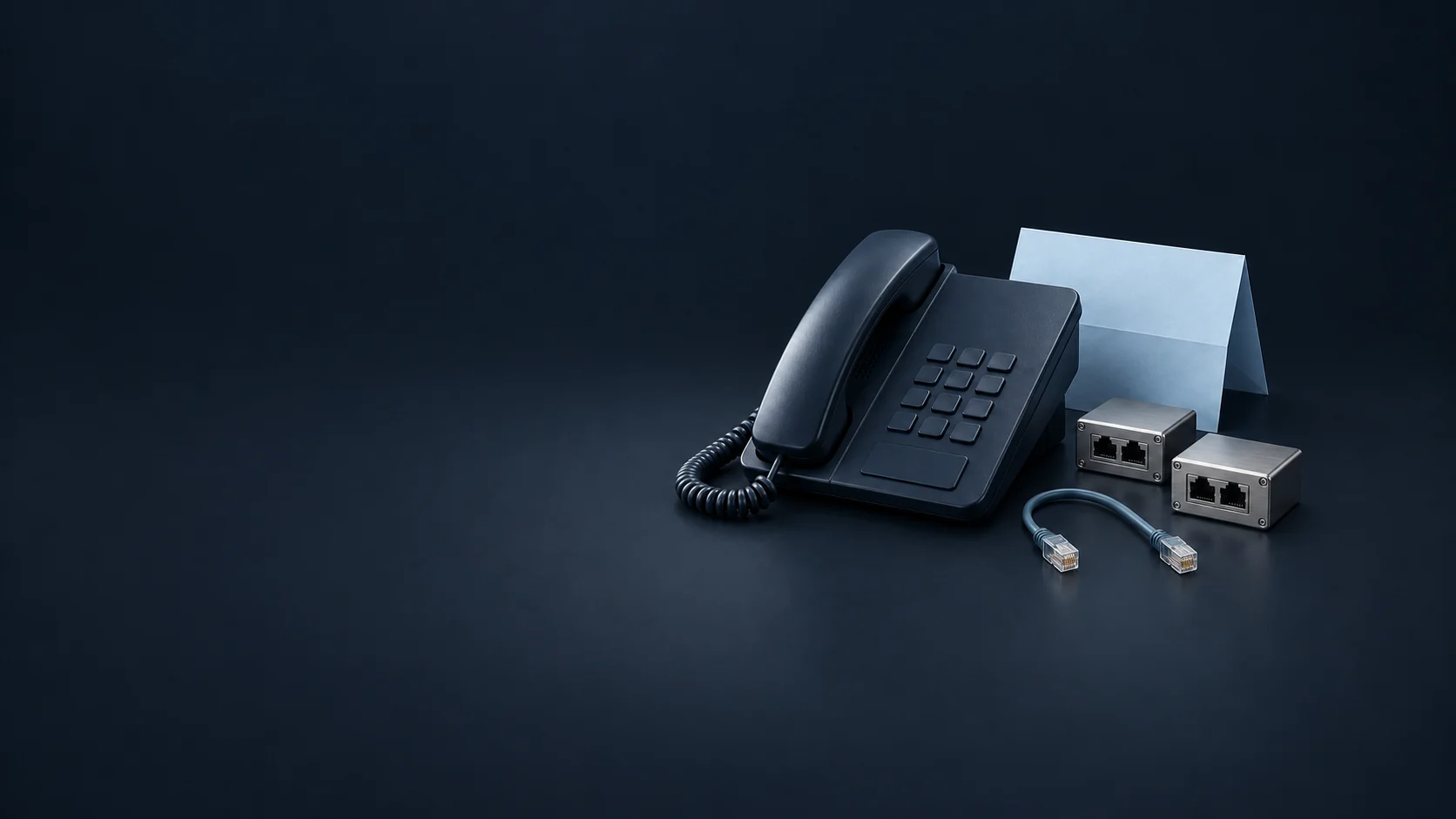 An office telephone beside two patch docks, loose cable and blank authorization sheet. - Business Telecom Services Meta ads research by Madgicx Labs