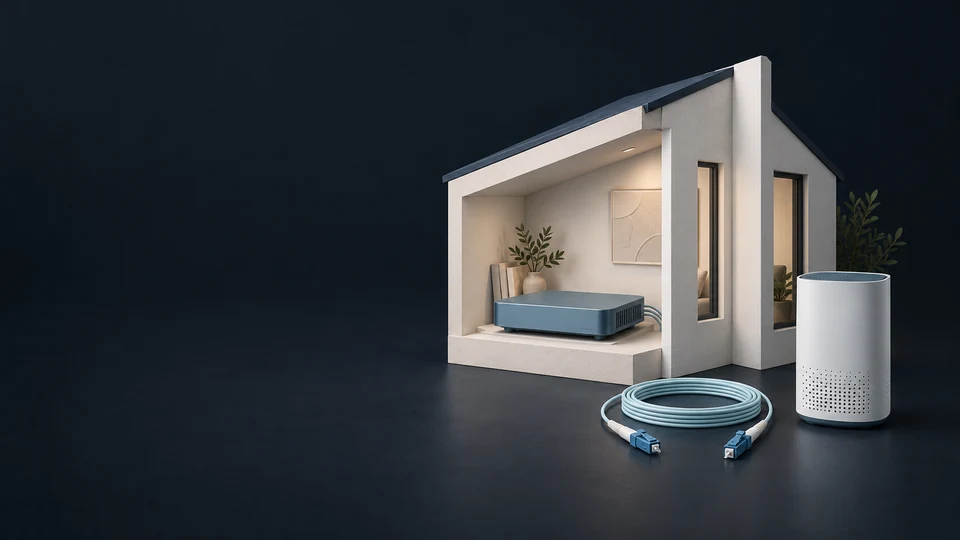 A model home corner with a gateway, fiber cable and separate wireless receiver. - Telecommunications Services Meta ads research index