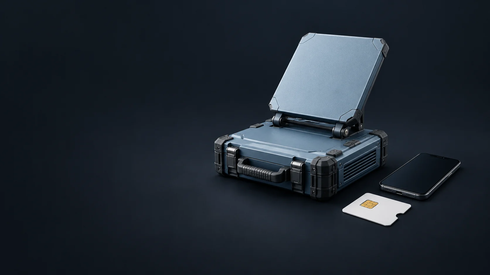 A fictional portable satellite terminal beside an inactive phone and SIM sleeve. - Specialized Communication Services Meta ads research by Madgicx Labs