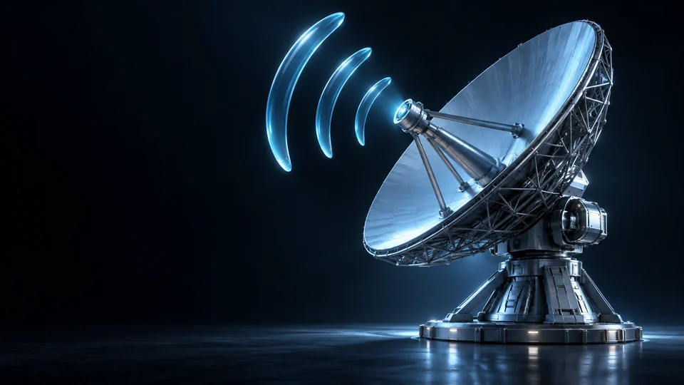 Silver satellite dish beside curved blue glass signal forms. - Telecommunications Services Meta ads research by Madgicx Labs