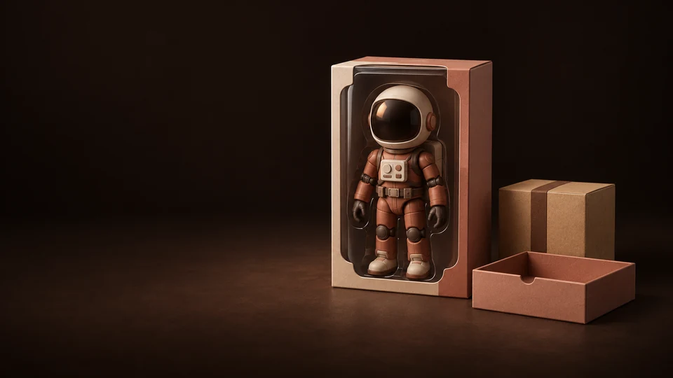 A boxed articulated explorer figure beside a closed parcel and an empty waiting tray. - Toys Games & Hobbies Meta ads research index