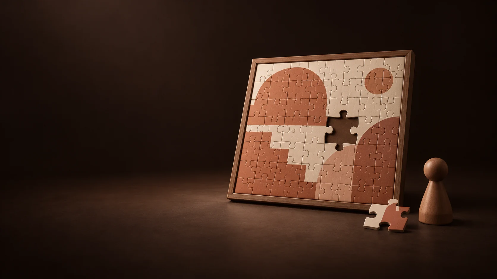 A framed abstract jigsaw puzzle with one open slot, a loose piece and a wooden game pawn. - Board Games Puzzles Meta ads research by Madgicx Labs