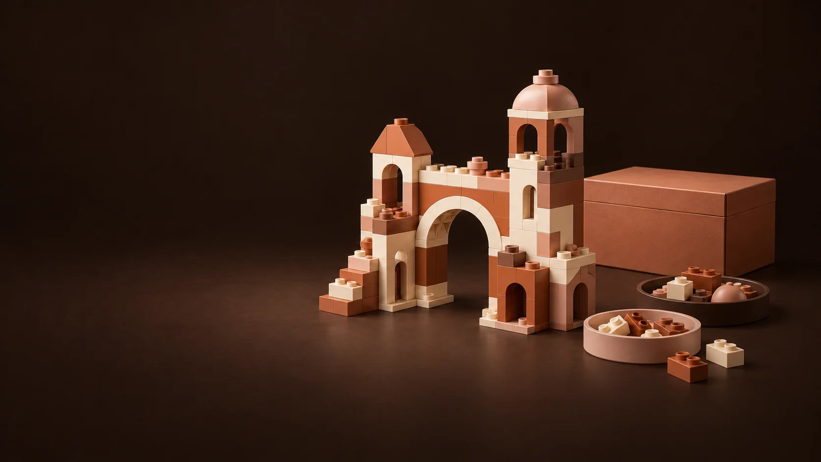 An original toy-brick arch and towers beside a plain kit box, parts trays and loose bricks. - Construction Building Toys Meta ads research by Madgicx Labs