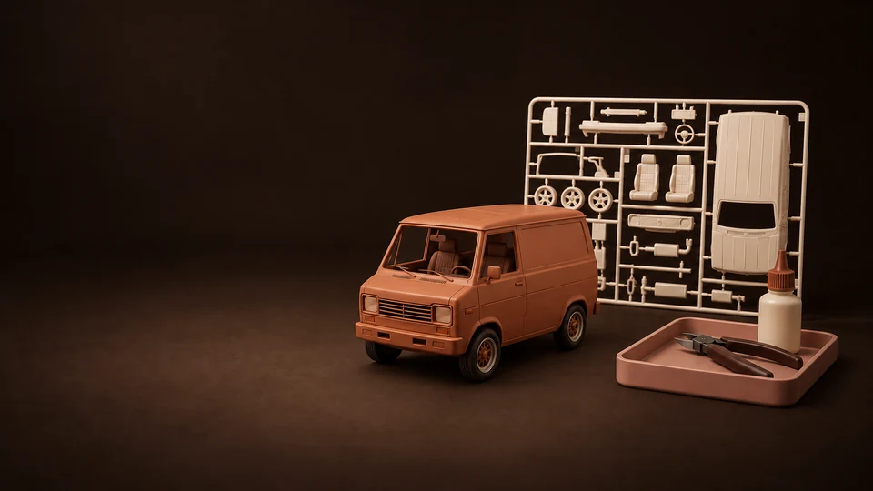 An assembled utility-vehicle scale model beside a complete parts sprue, adhesive bottle and nippers in a tray. - Toys Games & Hobbies Meta ads research index