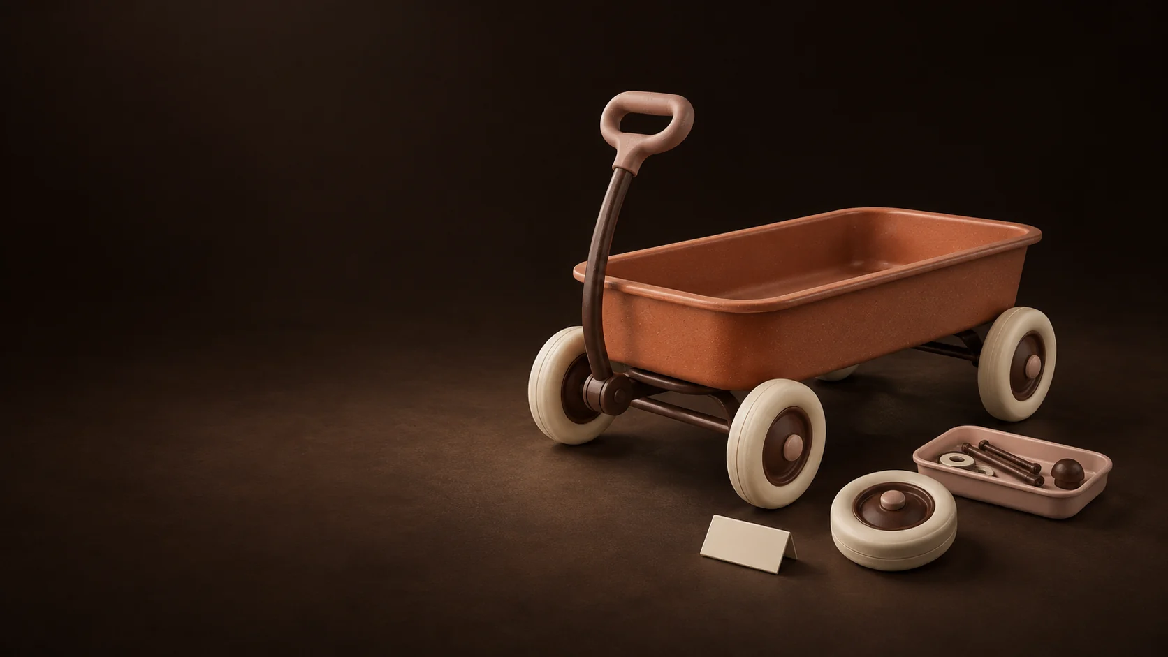 A complete toy pull-wagon beside a spare wheel, blank model plate and parts tray. - Outdoor Recreational Toys Meta ads research by Madgicx Labs