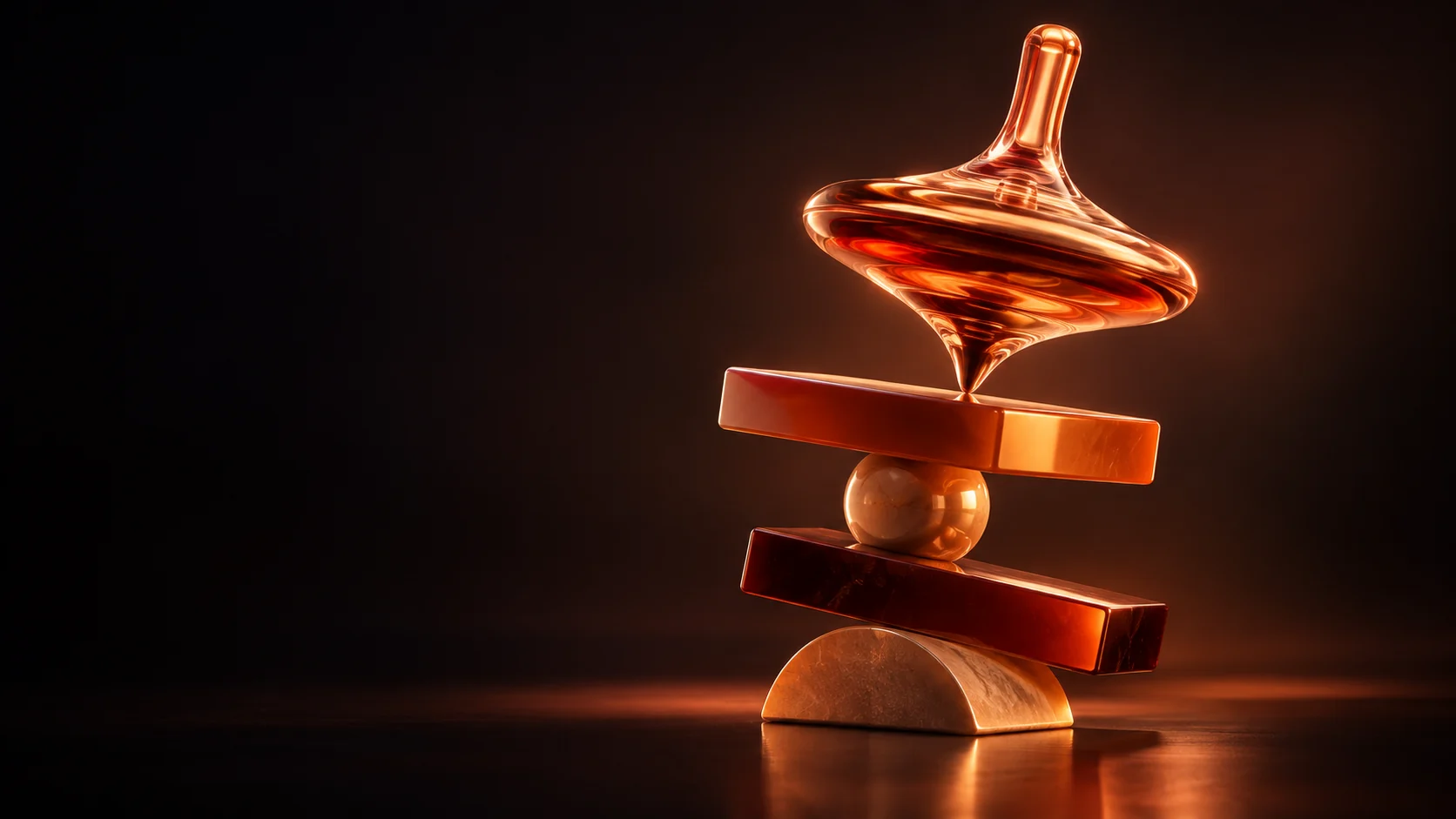 An orange glass spinning top above amber blocks and a sphere on a curved stone base. - Toys Games & Hobbies Meta ads research by Madgicx Labs