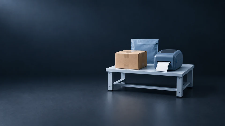 A compact packing bench with a closed carton, blank-label printer and blue mailer. - Transportation & Logistics Meta ads research index