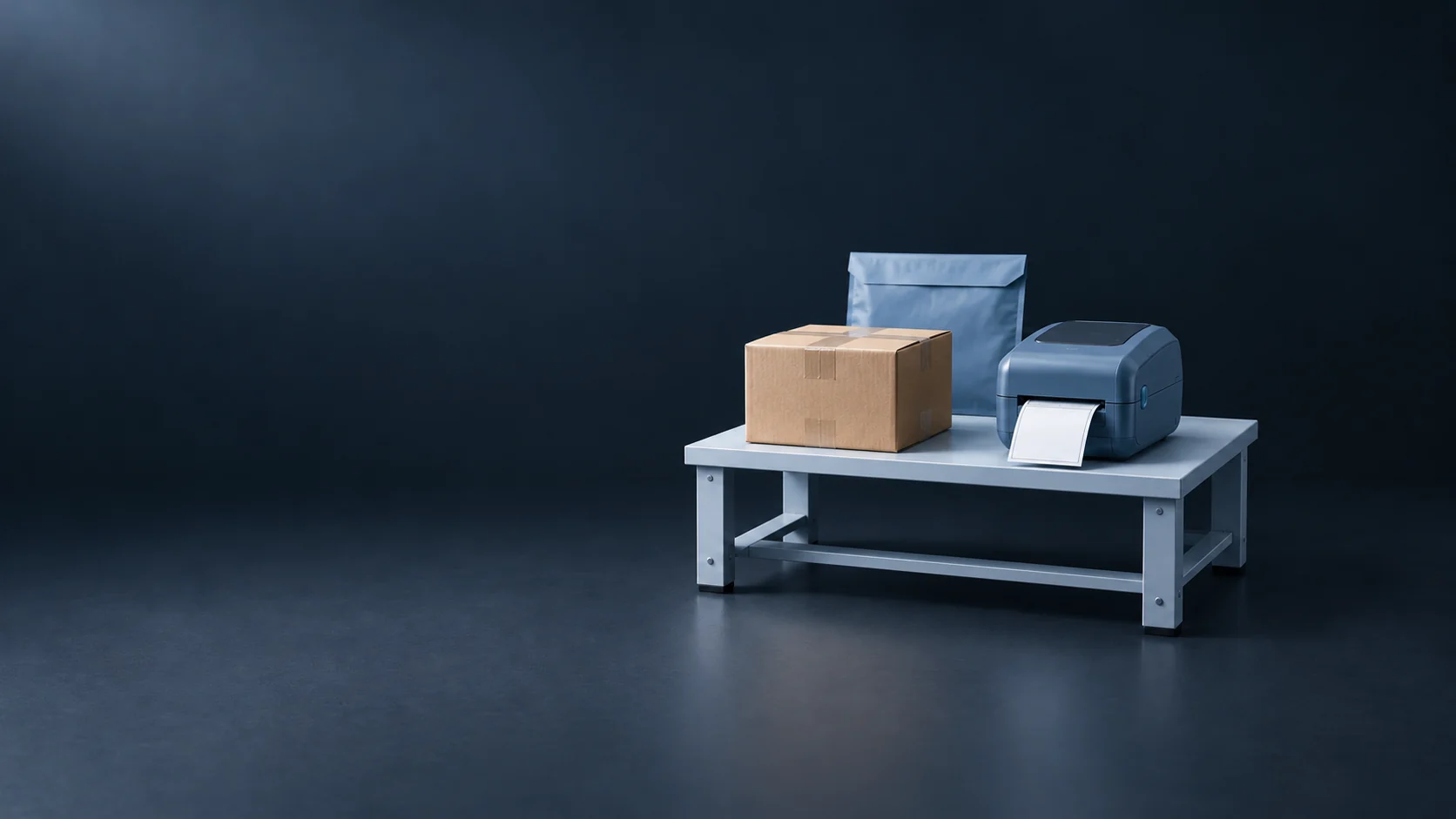 A compact packing bench with a closed carton, blank-label printer and blue mailer. - E-Commerce Shipping Services Meta ads research by Madgicx Labs