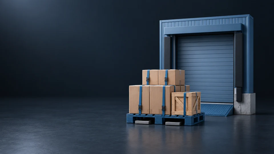 A strapped pallet of cartons and a wooden crate in front of a blue loading dock. - Transportation & Logistics Meta ads research index
