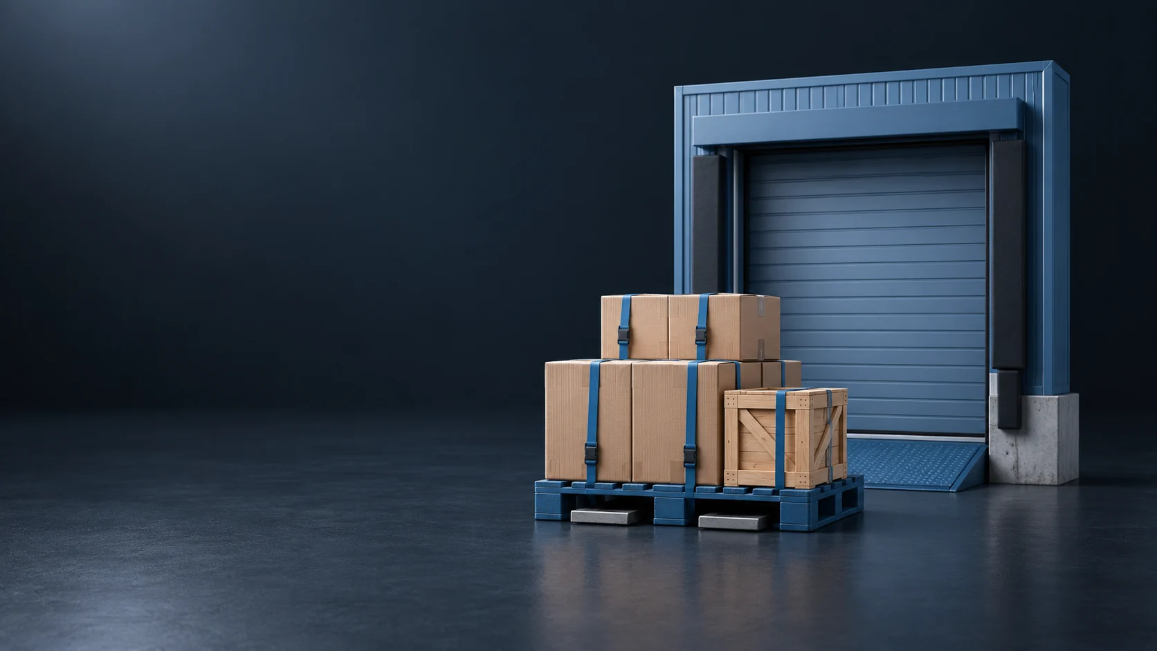 A strapped pallet of cartons and a wooden crate in front of a blue loading dock. - Freight Shipping Services Meta ads research by Madgicx Labs