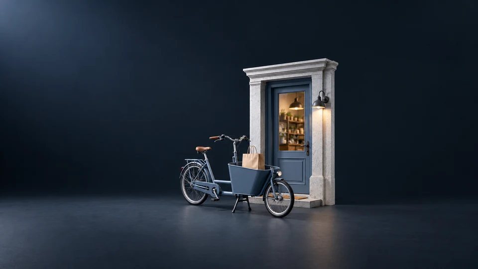 A cargo bicycle carrying a plain shop bag beside a complete shop doorway. - Transportation & Logistics Meta ads research index
