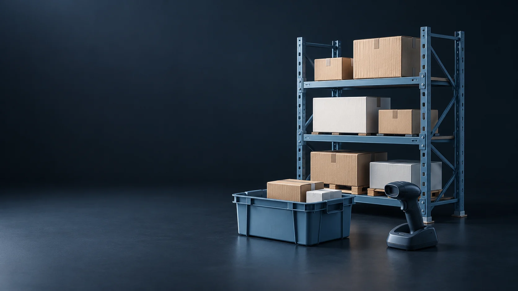 A warehouse rack of unmarked cartons with a receiving tote and scanner on a cradle. - Logistics Management Services Meta ads research by Madgicx Labs