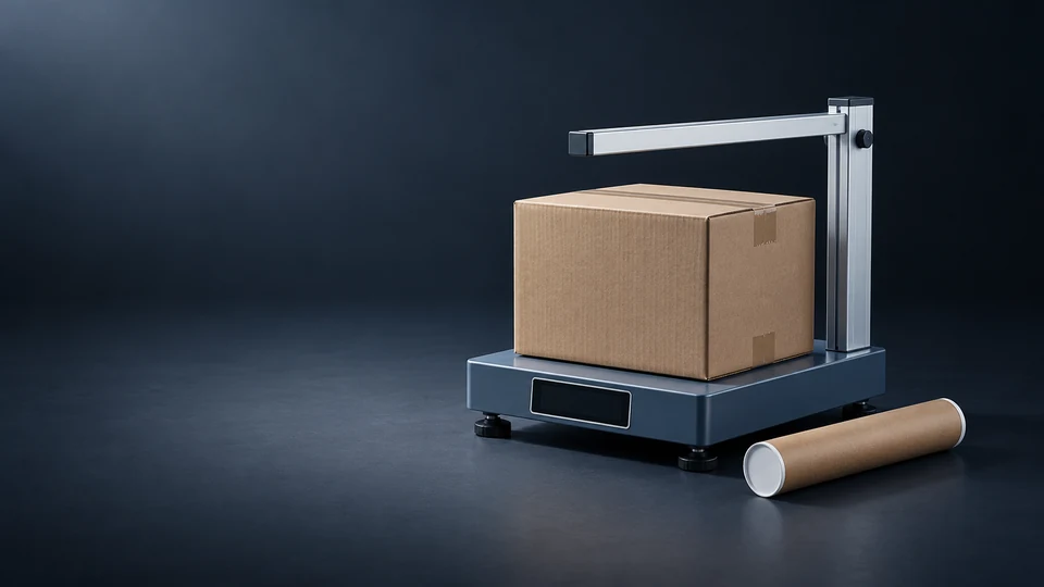 A closed carton on an unmarked parcel scale beneath a plain measuring arm, with a mailing tube. - Transportation & Logistics Meta ads research index