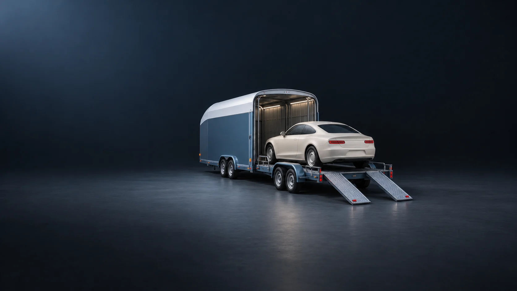 A fictional unbranded coupe on a vehicle transporter with complete ramps and an enclosed shell. - Specialized Transport Services Meta ads research by Madgicx Labs