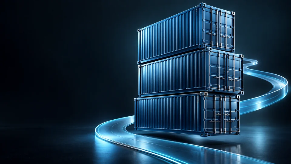 Three blue shipping containers above a curved silver road ribbon on a dark blue background. - Transportation & Logistics Meta ads research by Madgicx Labs