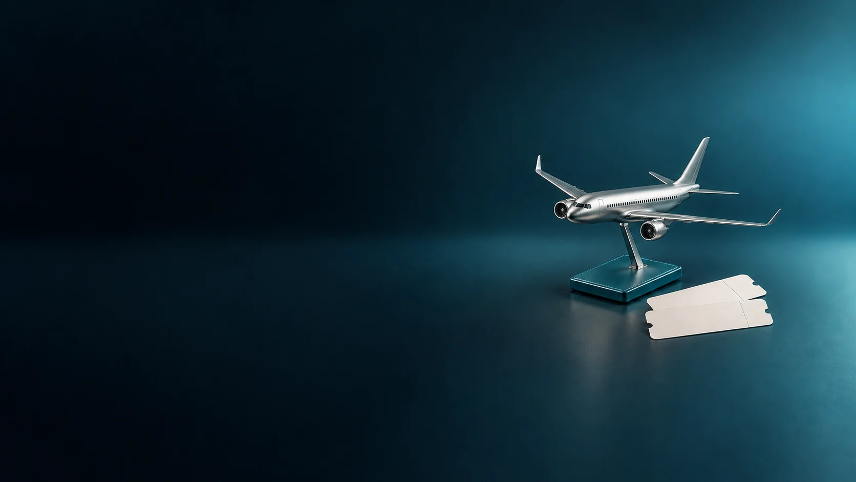 Silver aircraft desk model beside blank perforated itinerary cards. - Flight Booking Platforms Meta ads research by Madgicx Labs