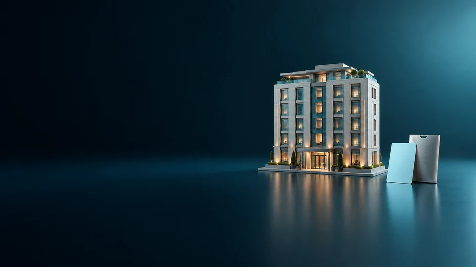 Architectural hotel model with teal glazing beside a blank keycard. - Travel Booking Platforms Meta ads research index