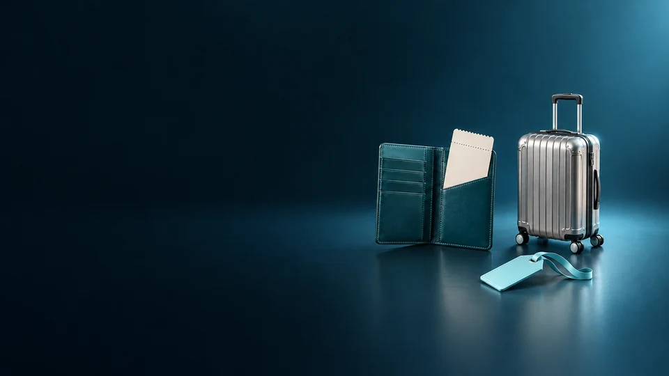 Travel-document wallet, blank voucher and a small silver suitcase. - Travel Booking Platforms Meta ads research index