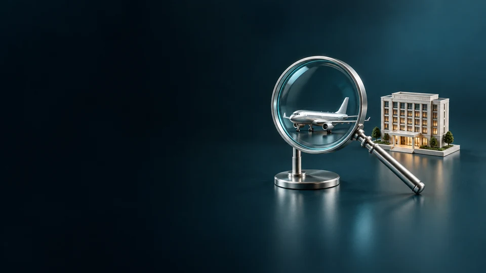 Magnifying glass with separate miniature aircraft and hotel objects. - Travel Booking Platforms Meta ads research index
