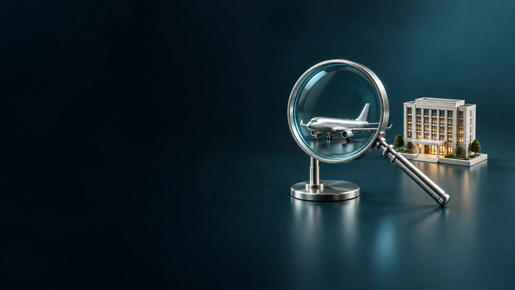 Magnifying glass with separate miniature aircraft and hotel objects. - Travel Search Engines Meta ads research by Madgicx Labs