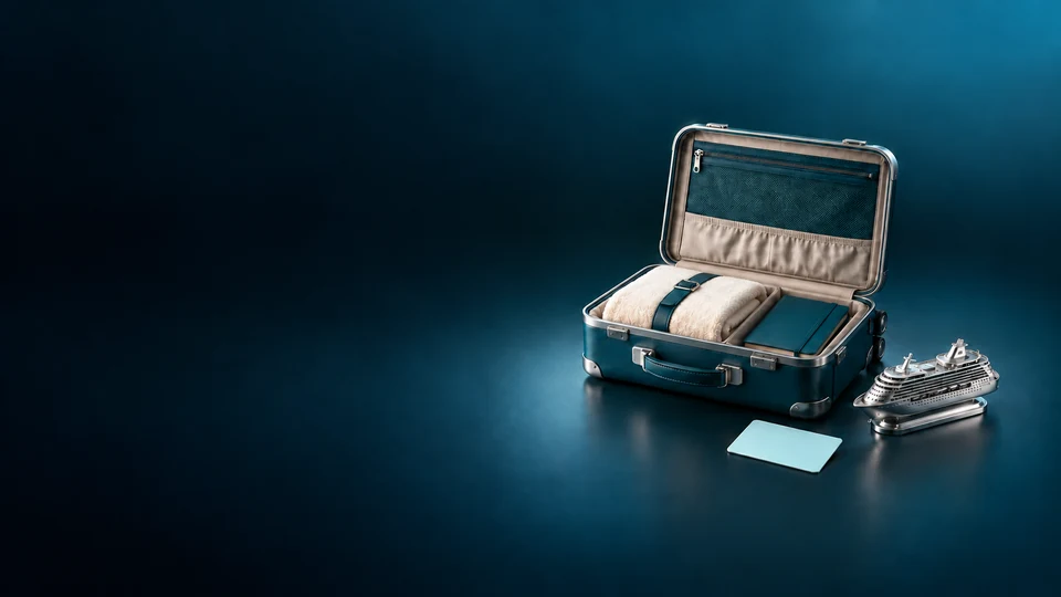 Open teal suitcase with towel and notebook beside a small cruise-ship model. - Travel Booking Platforms Meta ads research index