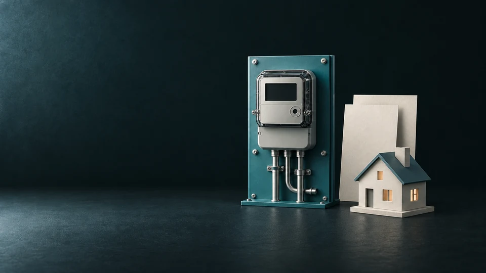 An unmarked electricity meter on a teal service panel beside two blank tariff folios and a miniature house. - Utilities & Home Infrastructure Services Meta ads research index