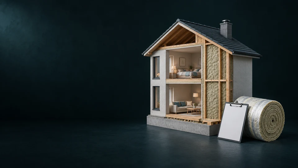 A residential cutaway with exposed wall insulation, a separate insulation roll and blank assessment clipboard. - Utilities & Home Infrastructure Services Meta ads research index