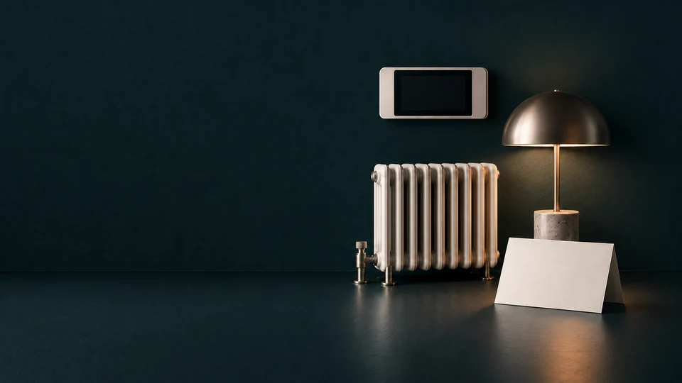 A blank wall thermostat above a radiator beside a lamp and plain enrollment card. - Utilities & Home Infrastructure Services Meta ads research index