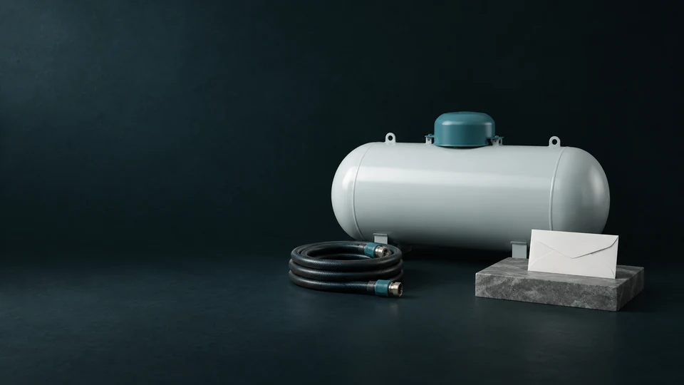 A domestic propane tank beside a coiled delivery hose and blank request envelope. - Utilities & Home Infrastructure Services Meta ads research index