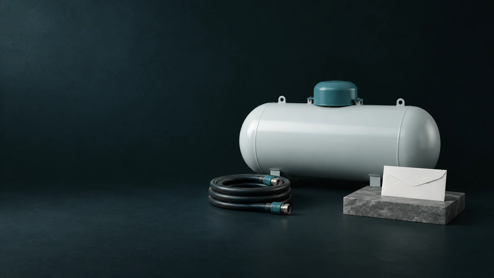 A domestic propane tank beside a coiled delivery hose and blank request envelope. - Natural Gas & Propane Services Meta ads research by Madgicx Labs