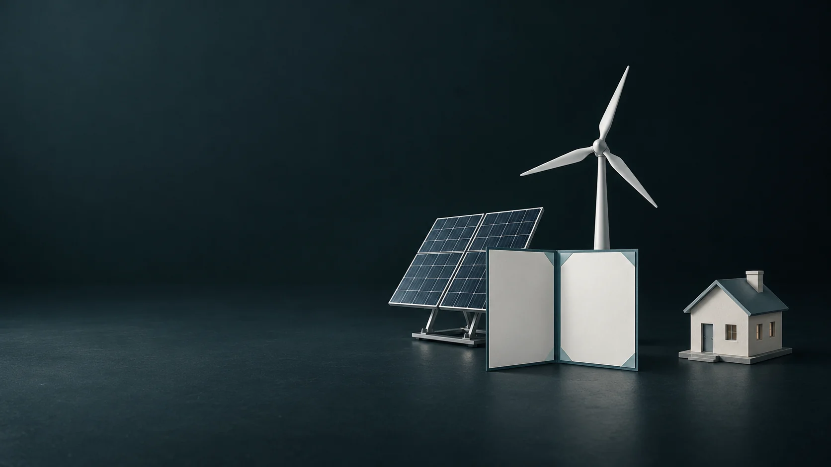 A wind turbine and solar array beside a blank plan folio and physically separate house model. - Renewable Energy Utilities Meta ads research by Madgicx Labs