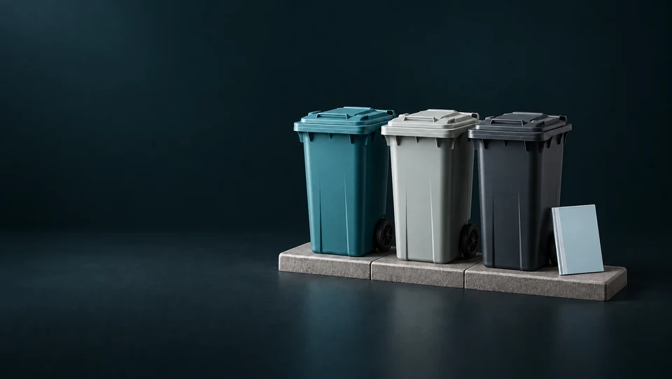 Three unmarked wheeled collection carts on a curb beside a plain local-service guide. - Utilities & Home Infrastructure Services Meta ads research index