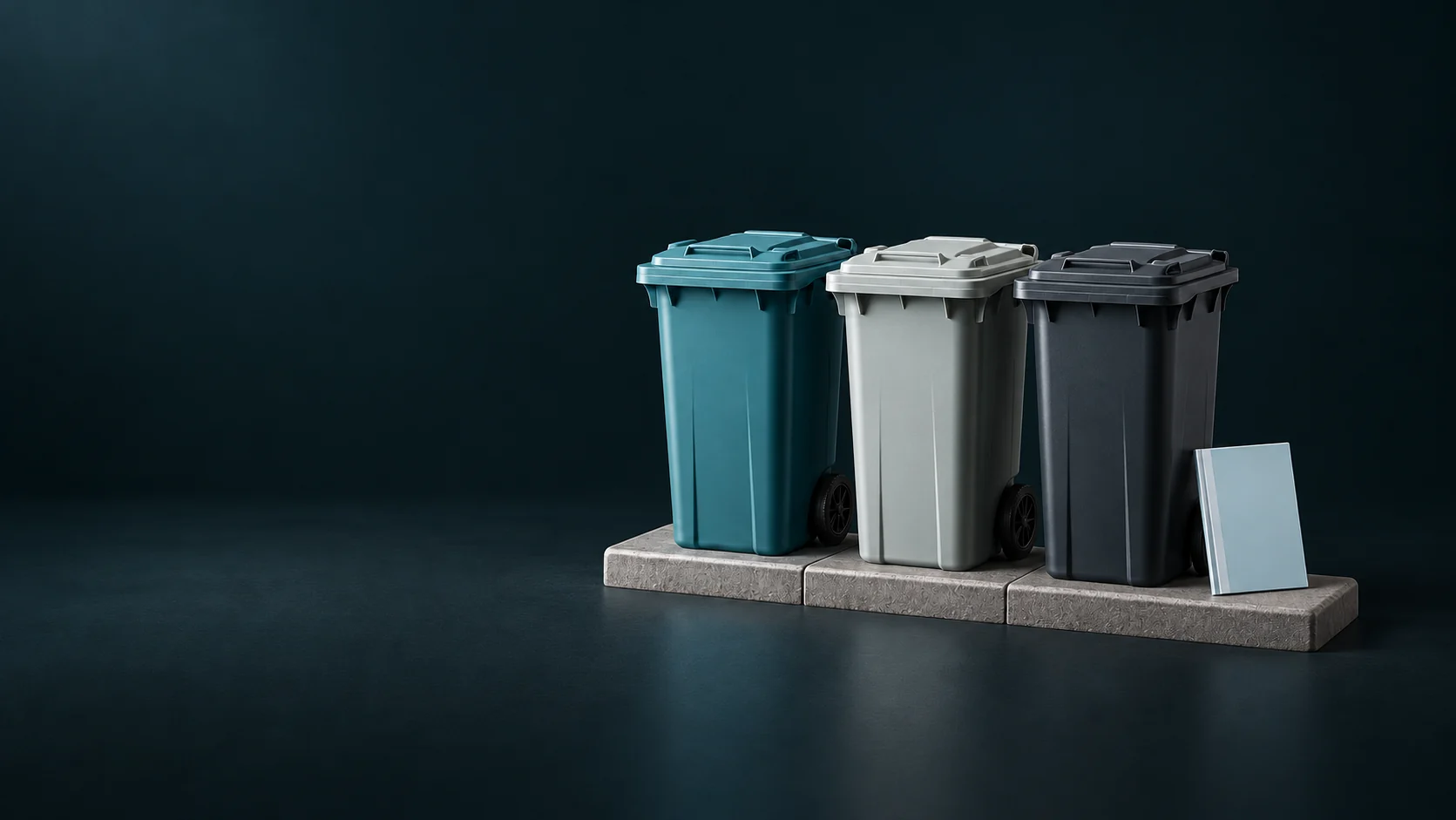 Three unmarked wheeled collection carts on a curb beside a plain local-service guide. - Waste Management & Recycling Meta ads research by Madgicx Labs