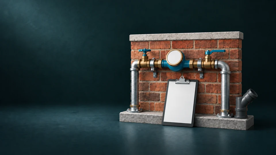 A blank water meter and inlet pipes against a short property wall, with a separate wastewater branch and blank survey clipboard. - Utilities & Home Infrastructure Services Meta ads research index
