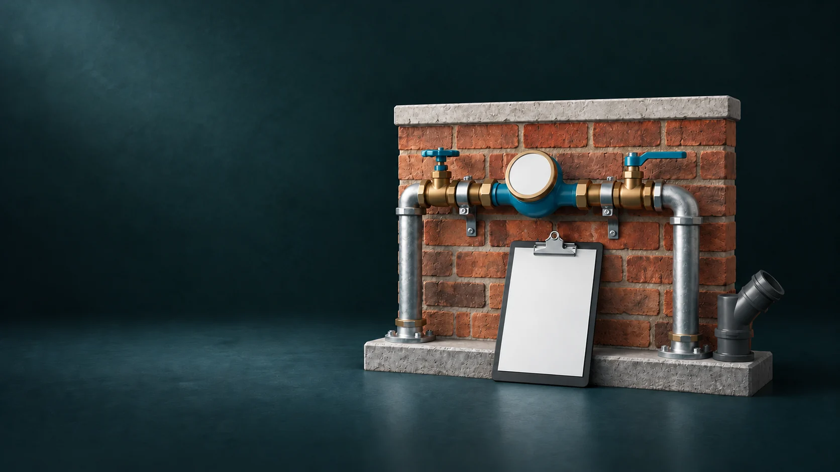 A blank water meter and inlet pipes against a short property wall, with a separate wastewater branch and blank survey clipboard. - Water & Wastewater Services Meta ads research by Madgicx Labs