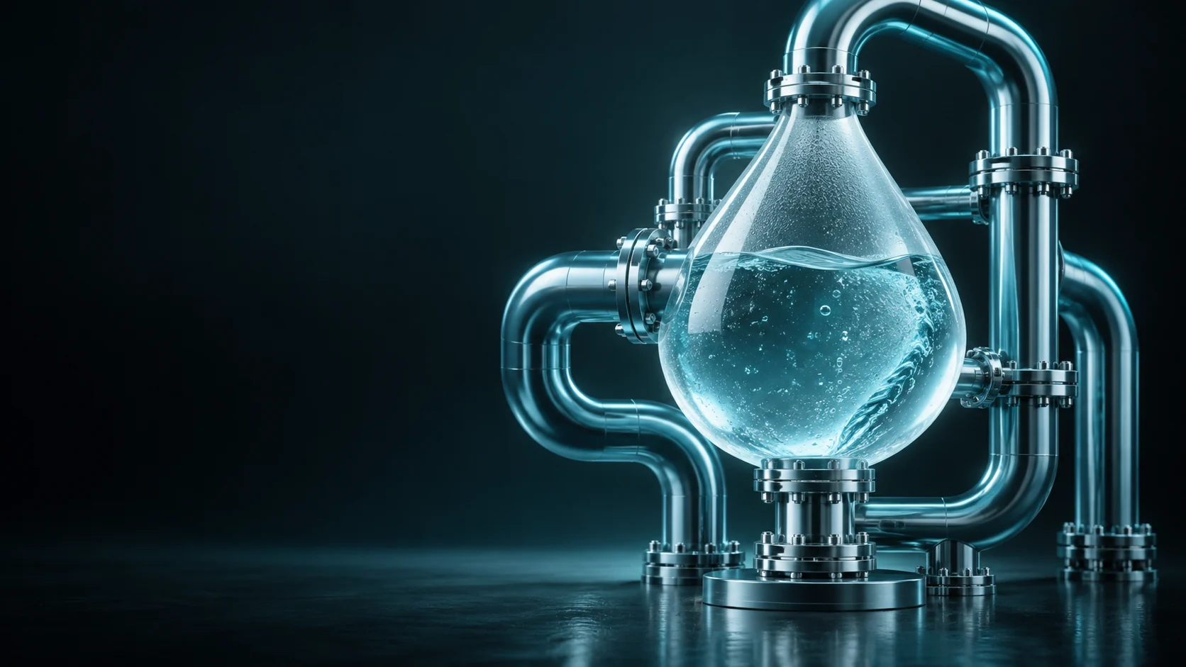 A clear water droplet within a cyan and chrome pipe assembly on a dark teal background. - Utilities & Home Infrastructure Services Meta ads research by Madgicx Labs