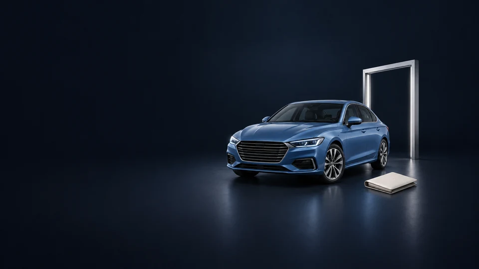 A blue sedan with a closed folio and a freestanding showroom doorway. - Vehicle Sales & Transportation Products Meta ads research index